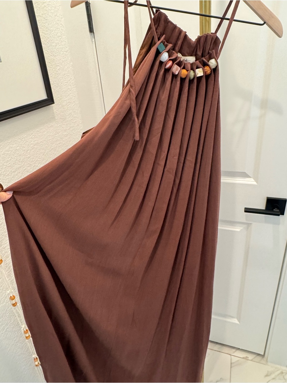 Brown Beaded Halter Maxi Dress with Adjustable Straps and belt